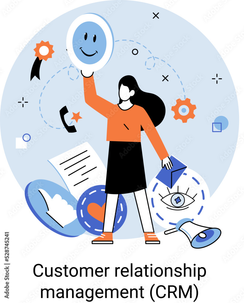Poster crm metaphor. customer relationship management. application software for organizations automatisatio