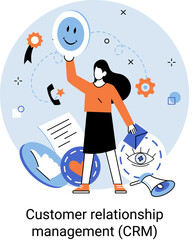 CRM metaphor. Customer Relationship Management. Application software for organizations automatisation of customer interaction strategies to increase sales, optimize marketing, improve customer service
