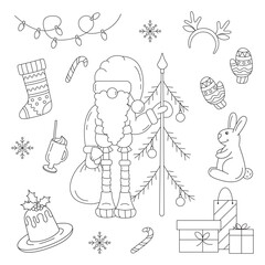 Obraz premium A set of outline Christmas doodles with characters and decorations. Santa, Christmas tree, bunny. Free vector drawings, isolated on white background. Black and white clip art.