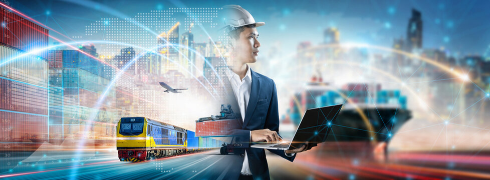 Double Exposure of Engineer using Laptop Control Cargo Containers Import Export Transportation Industry, Global Business Network Distribution and Technology Digital Future Logistics Transport Concept