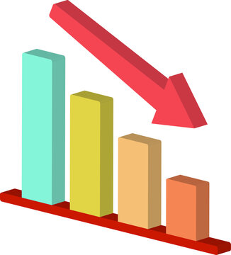 3d Icon Of Decreasing Or Declining Bar Chart Graph With Red Arrow Going Down Front Left View