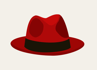 Vector illustration of elegant red fedora hat isolated on light beige background. - obrazy, fototapety, plakaty