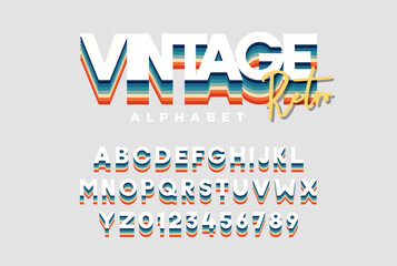 Vintage retro font. Vector of modern vibrant alphabet and numbers. Typeface with different colors in vintage trendy style.