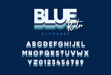 Blue retro font. Vector of modern vibrant alphabet and numbers. Typeface with blue colors in vintage trendy style.