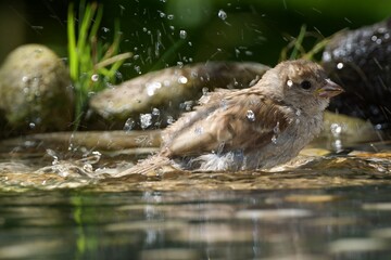 A young sparrow bathes in the water of a bird watering hole. It splashes water. Moravia. Czechia. 