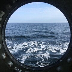 View from window of ship on the sea. Waves and sky. Beautiful photo about travelling, explorations and adventures