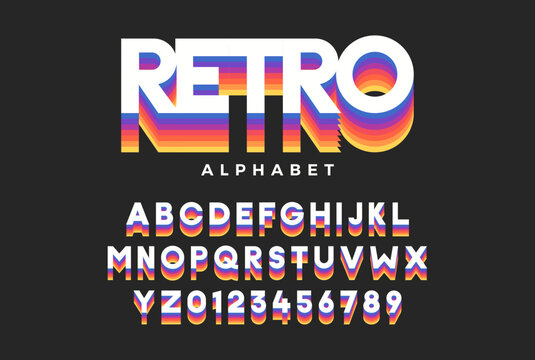 Retro font. Vector of modern vibrant alphabet and numbers. Typeface with different colors in vintage trendy style.