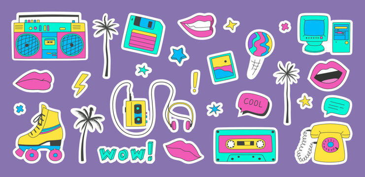 Set of stickers elements of the 90s. Fashion patches with roller skates, tape recorder, lips, cassette tape and others.