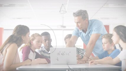 Animation of mathematical equations over diverse schoolchildren with teacher - Powered by Adobe