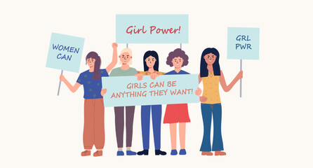 Women holding blank placards. Protest for rights and social equality. Feminism Girl Power. Participating in a peaceful demonstration. Vector flat.