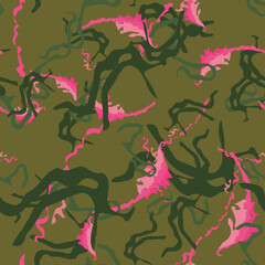 Forest camouflage of various shades of green and pink colors