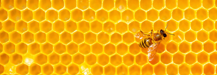 Beautiful honeycomb with bees close-up. A swarm of bees crawls through the combs collecting honey....