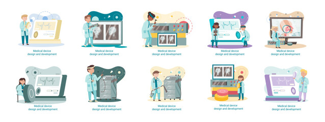 Medical device design and development metaphor with scientist develop research appliance, equipment and experiment. Laboratory diagnostic service chemistry clinic laboratories, pharmaceutical research