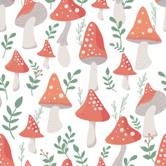 cute red fly agaric mushrooms. seamless pattern