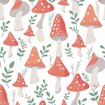 cute red fly agaric mushrooms. seamless pattern