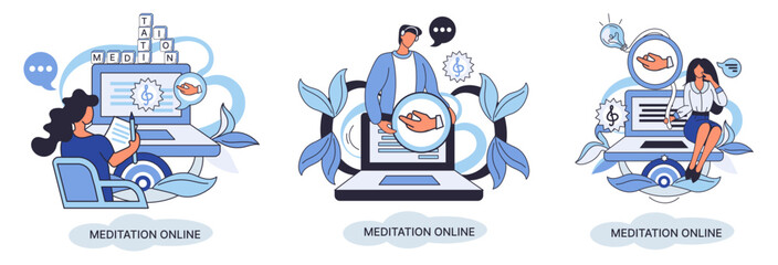 Fototapeta premium Meditation online metaphor. Classes on laptop, practicing yoga, mental exercises. Live stream, internet education. Wellness practice restore peace mind. Healthy lifestyle, clearing brain and managing