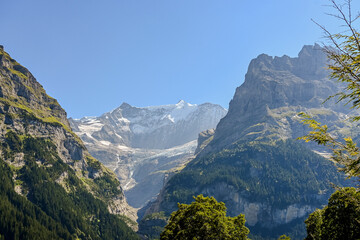 Naklejka premium Grindelwald, Unterer Grindelwaldgletscher, Eiger, Eigernordwand, Schreckhorn, Alpen, Fiescherhörner, Finsteraarhorn, Berner Oberland, Bergdorf, Sommer, Schweiz 
