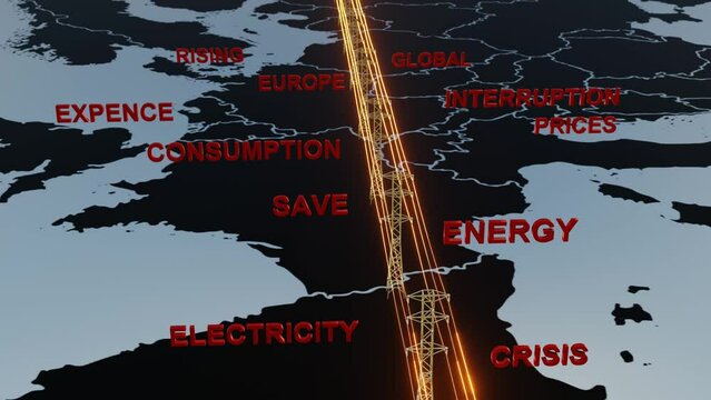 Electrical power lines and electricity crisis related words over european map 3D render concept animation