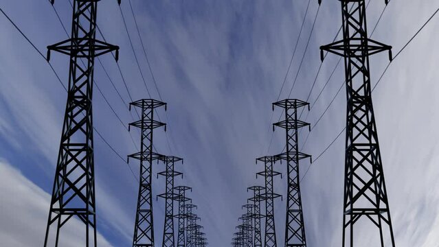 Power station pylon and wires seamless loop 3d render animation. 
