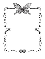 Rectangular vertical frame with butterflies in art nouveau style, black and white vector illustration.