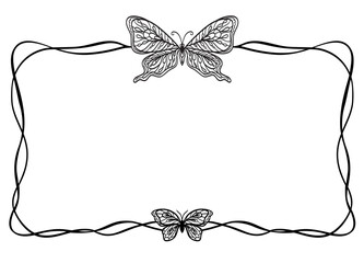 Rectangular horizontal frame with butterflies, modern  style, black and white vector illustration.