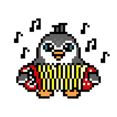 Obraz premium Penguin playing accordion, cute pixel art animal character isolated on white background. Old school retro 80s, 90s 8 bit slot machine, computer, video game graphics. Cartoon music artist mascot.