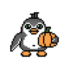 Obraz premium Penguin holiding a pumpkin, cute pixel art animal character isolated on white background. Old school retro 80s, 90s 8 bit slot machine, computer, video game graphics. Cartoon Halloween mascot.