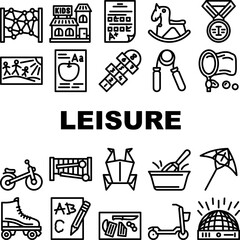 kid leisure child happy fun icons set vector. play childhood, children girl, summer boy, game joy, park group party kid leisure child happy fun black contour illustrations