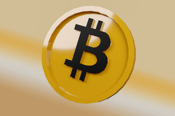 3d Bitcoin golden coin BTC.Bitcoin 3d render illustration on golden background