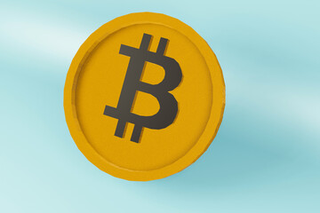 Bitcoin 3d Gold coin render.BTC Crypto currency on blue background with copy space