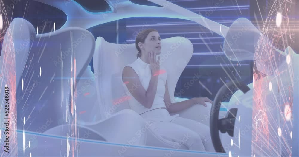 Poster animation of data processing and network of connections over caucasian woman in modern car