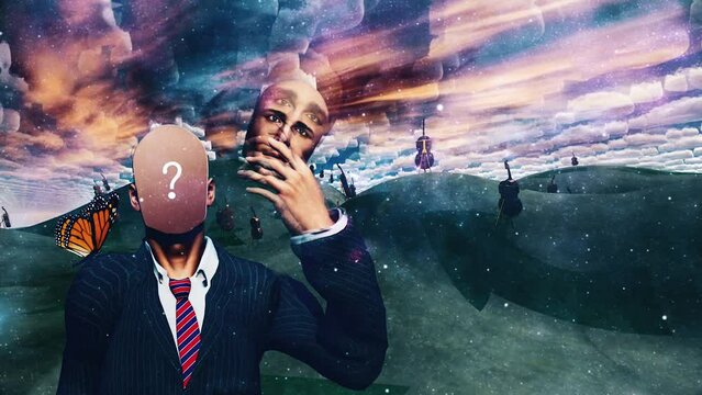 Man removes face showing question