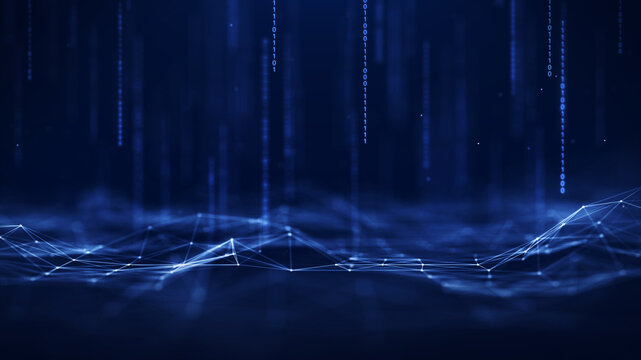 Connection concepts The Internet network comes from a polygonal connection using dots and lines, consisting of a dark blue background. There is a binary code on top.