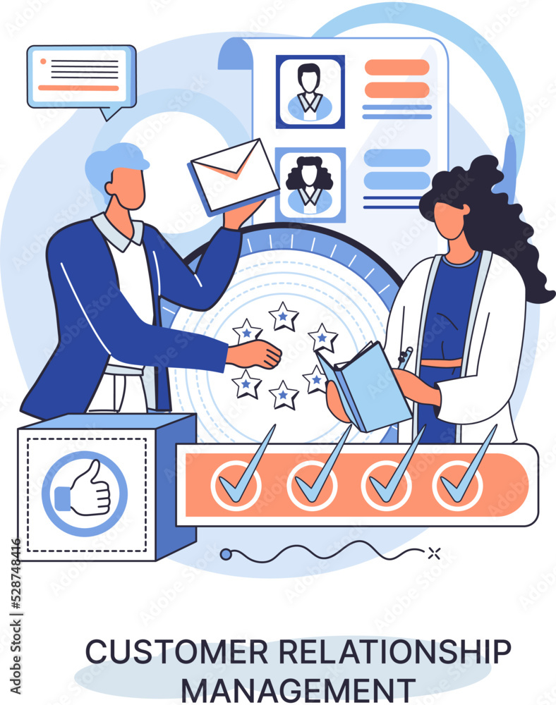 Poster crm metaphor. customer relationship management. application software for organizations automatisatio