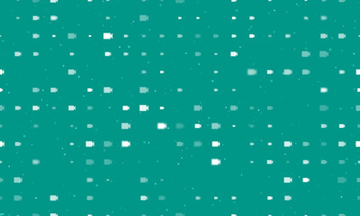 Seamless background pattern of evenly spaced white video camera symbols of different sizes and opacity. Vector illustration on teal background with stars
