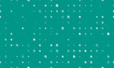Seamless background pattern of evenly spaced white house symbols of different sizes and opacity. Vector illustration on teal background with stars