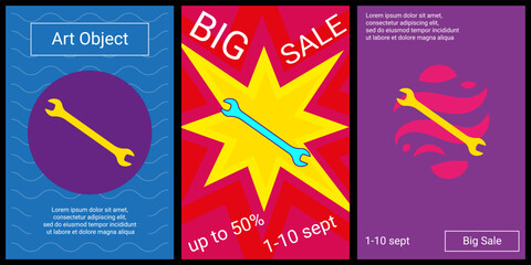 Trendy retro posters for organizing sales and other events. Large wrench symbol in the center of each poster. Vector illustration on black background