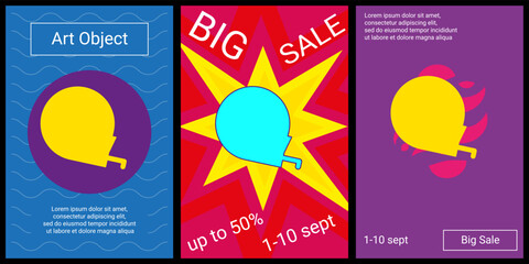 Trendy retro posters for organizing sales and other events. Large tape measure symbol in the center of each poster. Vector illustration on black background