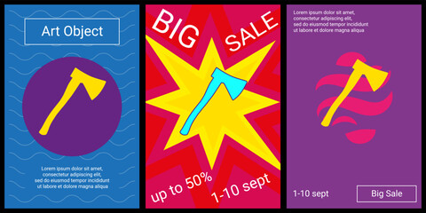 Trendy retro posters for organizing sales and other events. Large ax symbol in the center of each poster. Vector illustration on black background