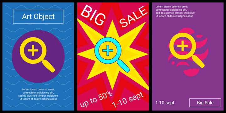 Trendy Retro Posters For Organizing Sales And Other Events. Large Zoom In Symbol In The Center Of Each Poster. Vector Illustration On Black Background