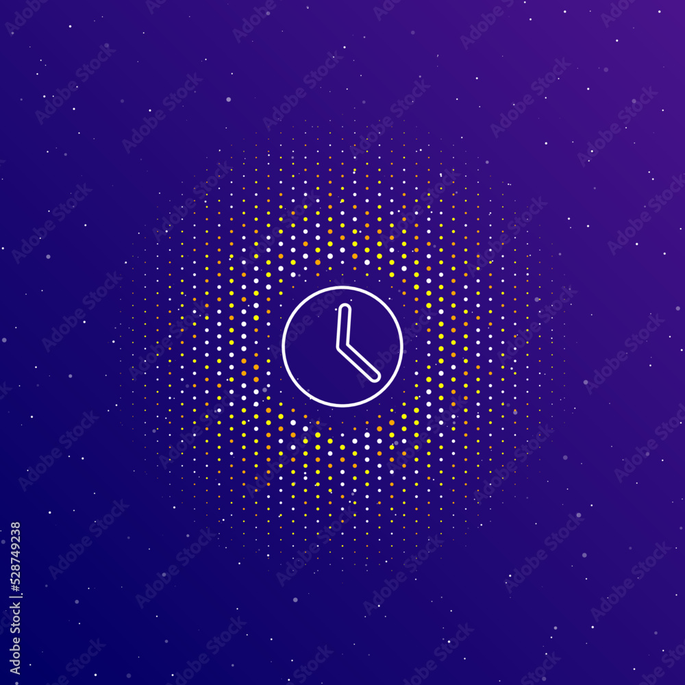 Poster a large white contour time symbol in the center, surrounded by small dots. dots of different colors 