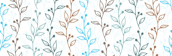 Berry bush sprigs organic vector seamless pattern. Rustic herbal fabric print. Grass plants foliage and blossom illustration. Berry bush branches linear repeating ornament