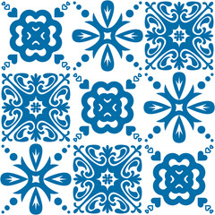 Azulejo blue tiles for wall decoration, traditional pattern for textile, vector illustration