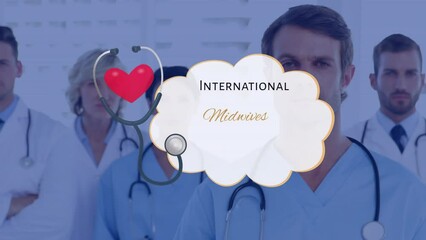 Animation of international midwives week text over diverse doctors smiling - Powered by Adobe