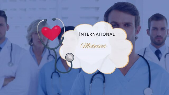 Animation Of International Midwives Week Text Over Diverse Doctors Smiling