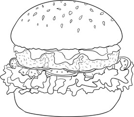 Burger. Vector hand drawn fast food Illustration. Coloring pages with food