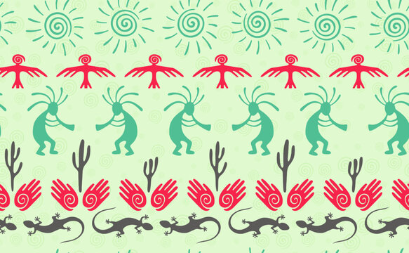 Kokopelli with flute, pangolin, hawk, sun symbol, hands and plant tribal vector seamless pattern.