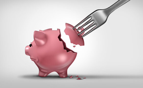 Taking a bite out of savings and inflation pain concept or budget and budgeting symbol as a piggy bank with a fork removing part of the investment as an economic metaphor