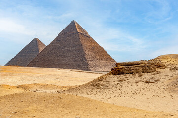 Fototapeta na wymiar View of the pyramids of Cheops and Kefren in Cairo