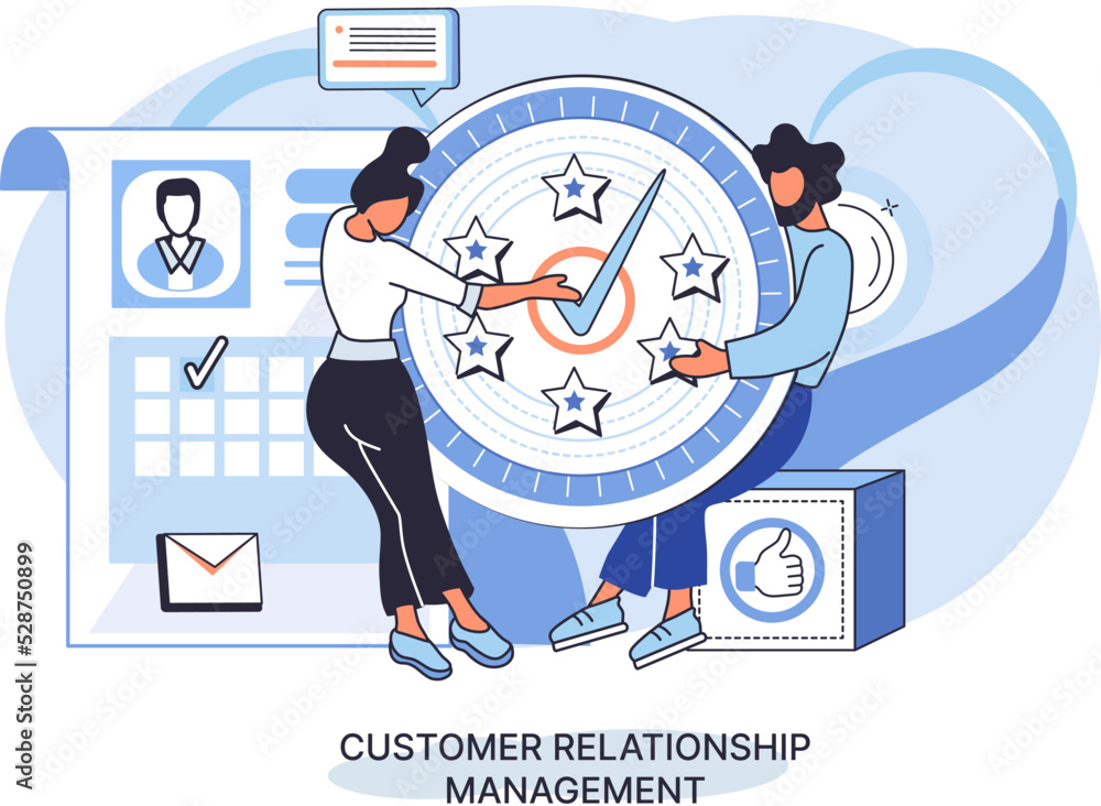 Poster crm metaphor. customer relationship management. application software for organizations automatisatio